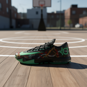 Chaussures de basketball basses KD 6 pour hommes, noires et vertes, avec empeigne en mesh, semelle intermédiaire en EVA et semelle extérieure en caoutchouc, idéales pour le sport estival. - Product Image 2