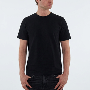 Camiseta de Algodón Lisa Negra para Hombre, Cuello Redondo, Manga Corta, Corte Regular, Color Sólido, Tejido Jersey Informal - Product Image 1
