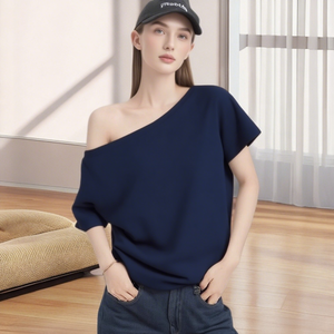 Maglietta estiva a maniche corte da un lato con spalle inclinate Casual a spalla larga ampia snellente in maglia tinta in tinta unita - Product Image 5