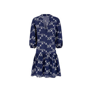 Robe mi-manches Valeria imprimée en bleu marine, col mandarin, poignets élastiqués, 100% coton respirant - Product Image 1