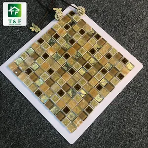 Modern Design Interior Wall Decor Mixed Colour Mosaic Tile Small Square 4Mm Brown Gold Marble Mixed Glass Mosaic Tile