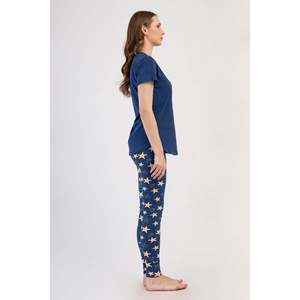 Conjunto de Pijama Cómodo para Mujer, Blusa de Manga Corta con Cuello Redondo de Lyocell Suprem, Falda Larga con Puños Ovalados, Pantalones Ajustados - Product Image 3