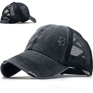 Men's Distressed Ponytail Baseball Sunshade <b>Hat</b> Washed Cotton Ripped Mesh Cap Embroidered Logo Soft Wholesale Promotional Cap - Product Image 1