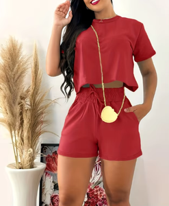 Nouvel ensemble de vêtements d'é<span class=keywords><strong>t</strong></span>é pour femmes, ensemble décontracté en deux pièces avec col rond <span class=keywords><strong>et</strong></span> manches courtes + shorts, couleur unie, pour femmes - Product Image 5