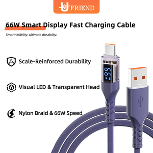 Cable de Carga Rápida USB-A a Tipo-C de 66W con Pantalla LED, Longitudes de 1m/2m, Trenzado de Nailon, Punta Transparente Resistente para Teléfonos Móviles - Product Image 1