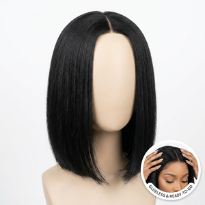 Perruque courte et droite style bob, sans colle, aspect naturel, synthétique, 12 pouces, résistante à la chaleur, avec raie au milieu, pour femmes, usage quotidien - Product Image 1