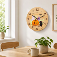 Jam Dinding Kayu Desain Natal Halloween yang Dipersonalisasi 25cm Cetak UV Jam Seni Kustom