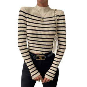 Suéter Casual de Mujer, Corte Ajustado, a <span class=keywords><strong>Rayas</strong></span>, <span class=keywords><strong>Manga</strong></span> <span class=keywords><strong>Larga</strong></span>, <span class=keywords><strong>Cuello</strong></span> <span class=keywords><strong>Alto</strong></span> Acanalado, Moderno y Cálido para Otoño e Invierno - Product Image 1
