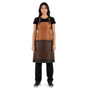 Tablier en cuir pour femme, marron, design bicolore, fermeture à boutons-pression, tablier uniforme pour le personnel de service de restaurant et de bar - Product Image 1