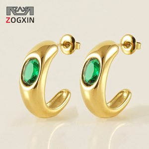 Zogxin Gold C-Shaped Stud Earrings With Green Zircon Geometric Design For Women Party Jewelry - Product Image 1