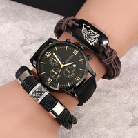 Reloj de Pulsera de Cuarzo de Lujo para Hombre, Deportivo, Casual, 3 Piezas/Set, con Brazalete, Joyería de Moda para Negocios, Regalo, Caja de Aleación, Correa de Cuero y Cristal