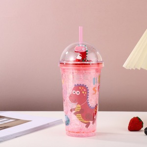 Cute 450ml Astronaut Dinosaur Star Print <b>Plastic</b> Tumbler with <b>Straw</b> and Sparkling Ice Glitter with Decorative Figurine Dome Lid - Product Image 2