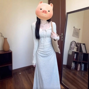 High Waist Lace Trim Sheath Dress Flower Gray Square Collar Long Dress For Women Autumn Fashion Style YX-9188 - Product Image 3