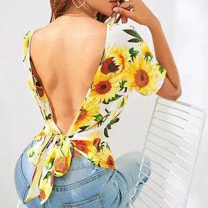 2021 Summer Women Tied Hollow Back Backless Batwing Short Sleeve Overall Printed Round Neck Sunflower Shirt Top Blouse
