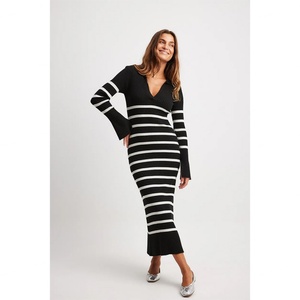 เดรสไหมพรมแขนพองทรงวีคอ ลายทาง แขนยาวทรงบาน สำหรับฤดูใบไม้ร่วง - Product Image 2