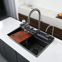 Ensemble de robinetterie de cuisine 30 pouces gris anthracite moderne carré avec pulvérisateur extractible Nano, cascade, affichage LED, rince-verre, monotrou à montage supérieur