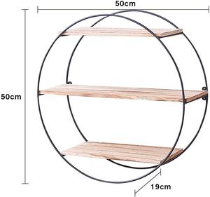Mensola Decorativa da Parete in Ferro Nero, Forma Rotonda a Tre Ripiani con Scaffale in MDF - Product Image 2