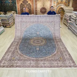 YILONG 9'x12' Oriental Persian Silk Rug Vintage Nain Traditional Carpet Handmade for Living Room