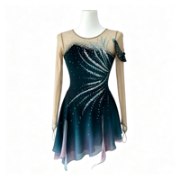 Robe de patinage artistique dégradé vert-bleu foncé, épaules dénudées, en maille à manches longues, ornée de strass, pour filles et adultes, pour compétition et performance