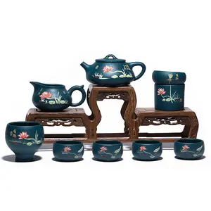 กาชงชาจีนสีฟ้า,ชุดน้ำชากังฟูพร้อมกล่องของขวัญชุดชาดินเหนียวสีม่วงจาก Yixing
