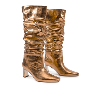 Wide Fit Women's Piled Pleated Upper Knee High Boots Chunky High Heels Stone Prints Shoes Big Size 45 on Long <b>Booties</b> - Product Image 6