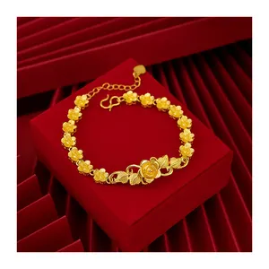 Wholesale Placer Gold Women's Floral Bracelet Long Lasting Trendy Wedding Bride Flower Bangles Gold Plated Jewelry Gift Idea