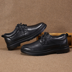Bottes d'hiver pour hommes en cuir véritable à lacets, semelle extérieure en caoutchouc, semelle intermédiaire en EVA, doublure en fourrure, bout rond, chaussures isolantes chaudes - Product Image 1
