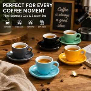 แก้วกาแฟเซรามิกพร้อมจานรอง ขนาด 75 มล. 2.5 ออนซ์ พิมพ์โลโก้ได้  ชุดแก้วกาแฟหลากสี สำหรับร้านกาแฟ ของขวัญส่งเสริมการขาย ร้านอาหาร - Product Image 2