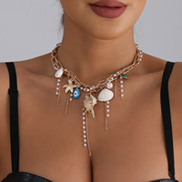Collier ras du cou en alliage de bambou tressé avec perles, étoiles de mer et pampilles pour femme