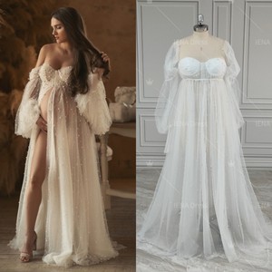 Foto de alta calidad blanco perla tul Puff <span class=keywords><strong>vestido</strong></span> de maternidad de manga larga para Baby Shower Sexy frente abierto bata de mujer <span class=keywords><strong>embarazada</strong></span> - Product Image 1