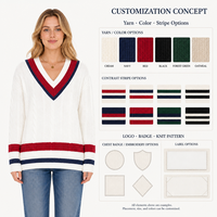 Pull décontracté en maille torsadée pour femme, style preppy, col en V, avec bordure contrastante rouge et bleue, coupe ample à manches longues