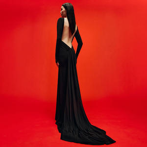 Elegante Abito da Sera <span class=keywords><strong>Nero</strong></span> Senza Schienale, <span class=keywords><strong>Maniche</strong></span> <span class=keywords><strong>Lunghe</strong></span>, <span class=keywords><strong>Schiena</strong></span> Aperta, Lunghezza a Terra, <span class=keywords><strong>Vestito</strong></span> Formale a Sirena con Strascico - Product Image 1