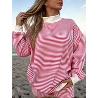 Sweat-shirt à col montant rayé imprimé personnalisé pour femme, en molleton de coton épais, coupe oversize, manches longues, ensemble 2 pièces pour tenue décontractée