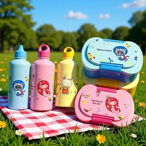 Cartoon plastic sealed <b>lunch</b> box with compartments kids' <b>lunch</b> box and water bottle <b>set</b> food-grade PP microwave safe - Product Image 2