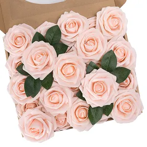 Macting ดอกไม้ปลอม Diy ขนาด3.1นิ้ว,ทำจากโฟมดอกกุหลาบสีชมพูพร้อมก้านและใบไม้สำหรับเป็นของขวัญวันวาเลนไทน์งานแต่งงานจำนวน25ชิ้น