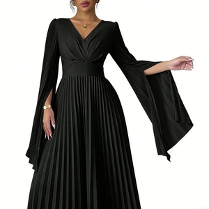 เดรสยาวทรงพลีทสำหรับผู้หญิง คอวี แขนยาว เอวสูง ทรงพลิ้วไหว ชุดราตรีออกงาน แฟชั่น - Product Image 3