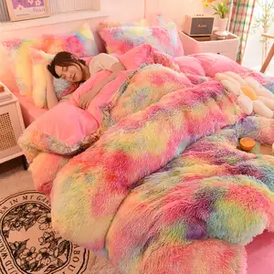 Rainbow Color Faux Fur Velvet Fluffy Plush Soft Bedding Bed Warm Winter For Girl Sheet Set 4 Pieces Duvet Cover Set