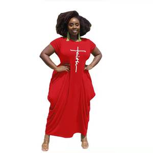 Cross Border European and American Women's <strong>Clothing</strong> New Printed Round Neck Long Short Sleeved Irregular Hem Large Size Dress - Product Image 3