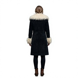 Women's Embroidered Patchwork Long Black Suede Coat for Fur Collar Polyester Lining Toggle Closure Maxi Winter Trench <b>Jacket</b> - Product Image 2