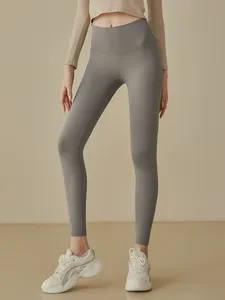 High Waist Full Length <b>Seamless</b> Yoga <b>Leggings</b> Solid Gray Four-Way Stretch Women's Activewear Pants - Product Image 4