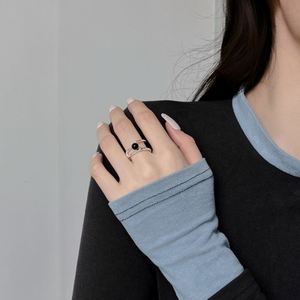 Dylam Stylish Fine Jewelry S925 Silver Rhodium Plated Double Layer Black Onyx Gemstone Jewelry <b>Open</b> <b>Rings</b> for Women - Product Image 5