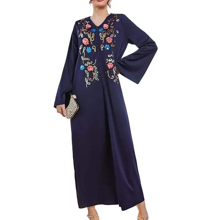 Mode Borduurwerk Nieuwe Oem V-Hals Losse Uitlopende Mouw Jurk Midden-Oosten Dubai Moslim Damesgewaden Abaya Cabaya