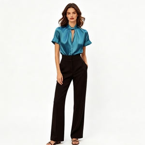 Blus Satin Kerah Keyhole Lengan Pendek Wanita Elegan Kantor Warna Solid Kemeja Merek Butik Sehe Fashion - Product Image 3