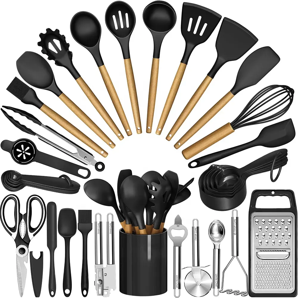 Peralatan memasak dapur silikon kualitas tinggi, set peralatan masak dapur silikon hitam dengan pegangan kayu