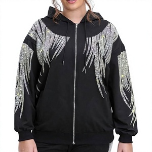 Sudadera con Capucha Negra para Mujer, Manga Larga, Estampado de Alas con Lentejuelas, Cierre Frontal con Cremallera, Estilo Casual, Tejido de Poliéster para Otoño - Product Image 1