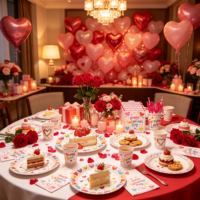 Fournitures de fête pour la Saint-Valentin en gros, vaisselle jetable sur le thème des cœurs colorés, assiettes en papier, gobelets, serviettes, décorations
