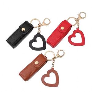 Quick Ship Cute Lipstick Holder <b>Key</b> <b>Chain</b> with Mini Heart Shape Mirror Women's PU Leather Keychain Single Lipstick Pouch - Product Image 2