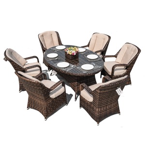Outdoor Furniture Rattan 6 <b>Chairs</b> and 1 Table Rattan Woven Rope Wood Dining <b>Reclining</b> Set for Outdoors PAD-1713 Dining Round Tab - Product Image 1