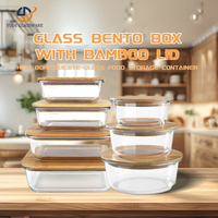 Boîte à bento moderne en verre borosilicate à un niveau Pot de rangement de forme carrée avec couvercle en bambou pour préserver la fraîcheur Boîtes à lunch