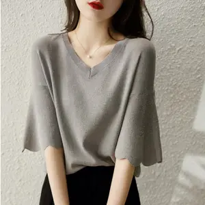 Sweater Micro Petal Sleeve V-neck Loose Short Sleeve Ice Silk Knitwear Thin Women's Fashion Knit T-shirt